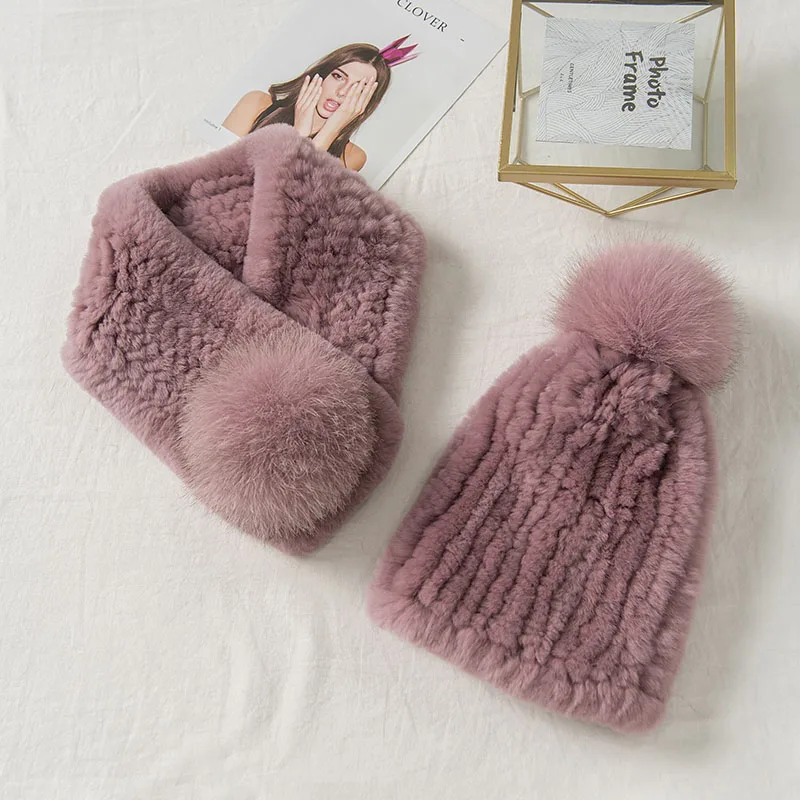 pink Lantafe Hat And Scarf Fur Hat Kit Hat Scarf Rex Rabbit Fur Winter Accessories Warm Woven Hat Knit Cap With Fox Fur Ball - Цвет: pink