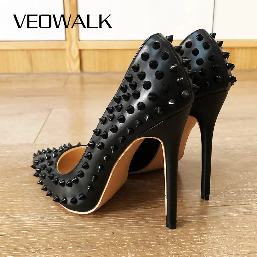 Veowalk Black Matte Women Full Punk Rivets Pointed Toe High Heels Sexy