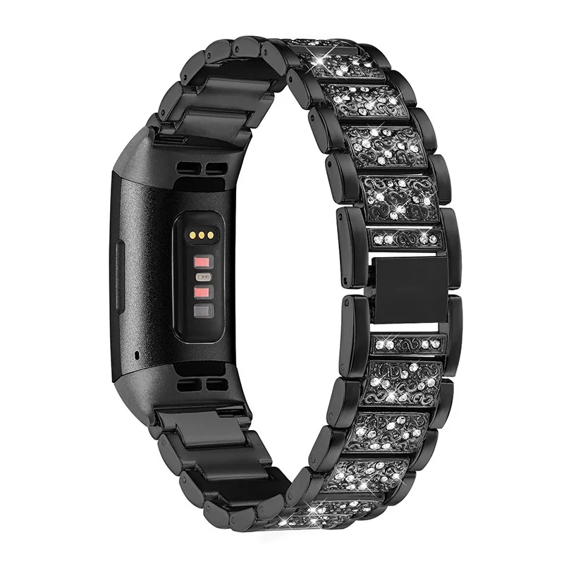 Для смарт-часов Fitbit Charge 3, роскошные стразы, ремешок из нержавеющей стали, серебристый, черный, золотой, розовое золото, 4 цвета
