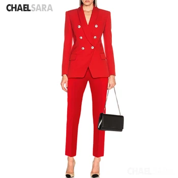 

2020 New Autumn Red Pink Classic Double Breasted Pant Suits For Women Office Shawl Collar Blazer Jacket + Pants Two Piece Suit