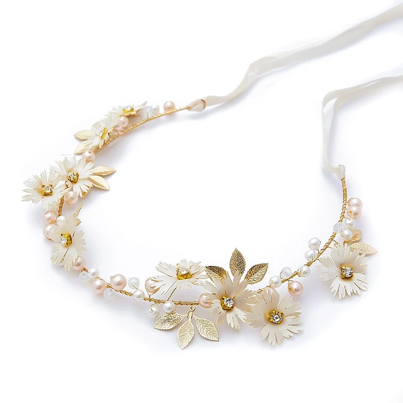 Bride Wedding Hair Accessories Pearl Floral Crown Garland Hairband Leaf Vine Headpiece Ornament