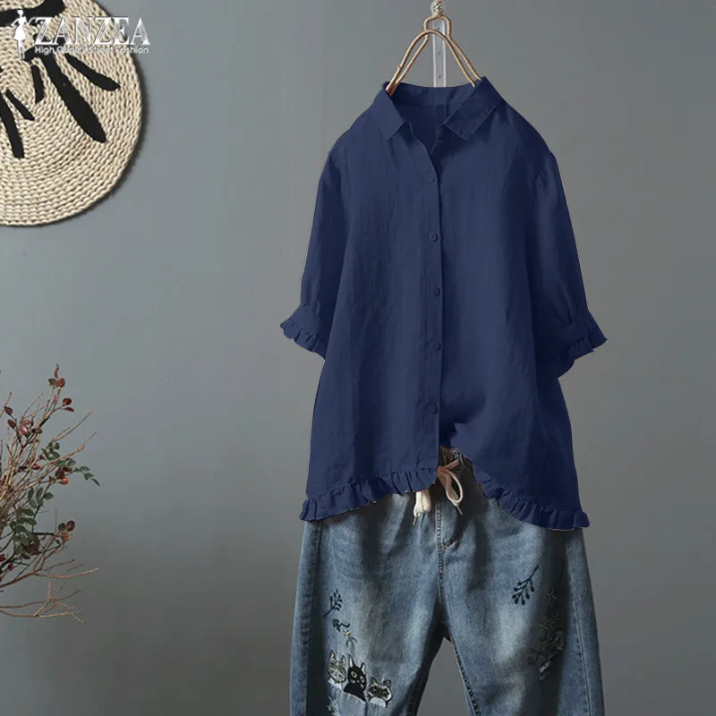 Рубашка с оборками больших размеров ZANZEA, Женская винтажная льняная блузка, Женская сорочка на пуговицах, рубашки с коротким рукавом, летние блузы, кафтан Топы - Цвет: Navy