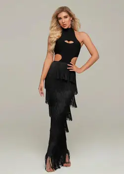 

2019 Autumn Women Mesh Elegant Designer Club Dress Fashion Female High Neck Sleeveless Cut Out Tassel Backless Black Long Dress