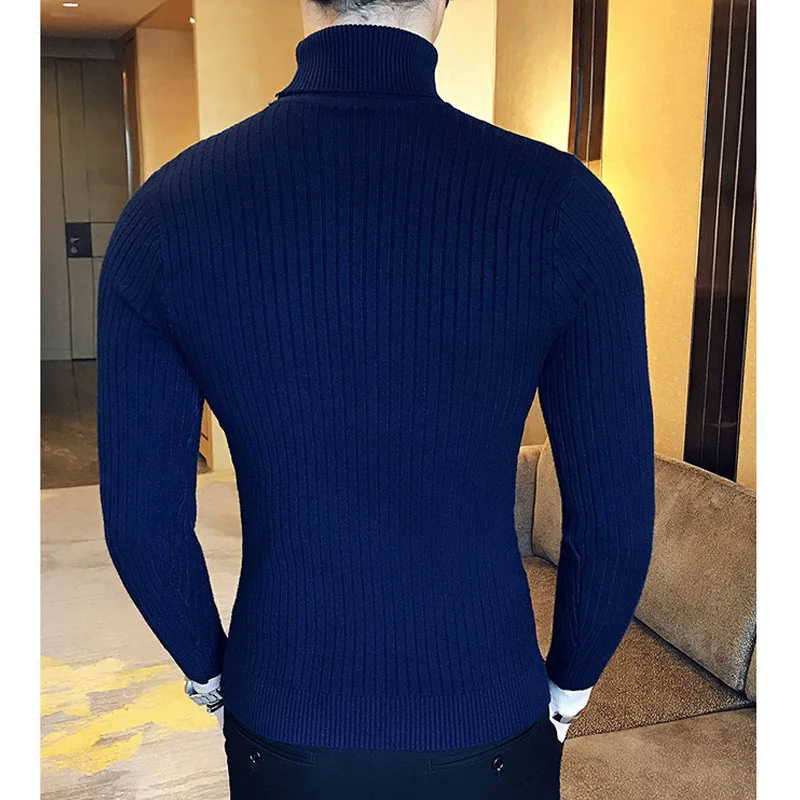 Для мужчин s Свитеры с высоким воротом и Пуловеры Зимние Повседневное однотонный вязаный свитер с высоким, плотно облегающим шею воротником шерстяной свитер модная Для мужчин пуловер Homme 1465