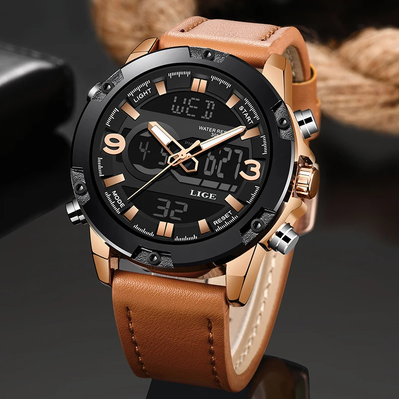 LIGE New Mens Watches Top Luxury Brand Men Leather Sports Watches Men's LED Digital Quartz Clock Waterproof Military Wrist Watch
