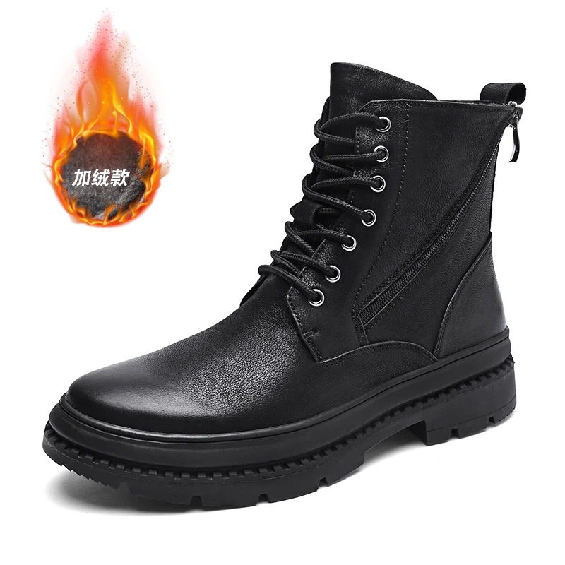 Fashion warm Lace up Genuine Leather Martin Boots men Black Punk Ankle Boots for men Solid Winter Boots non-slip men Botas Mujer
