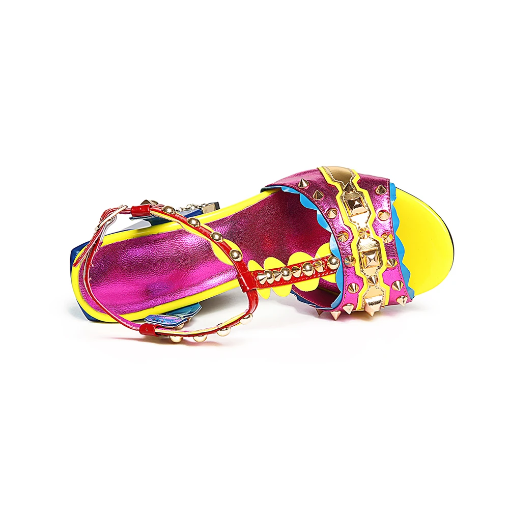 Brand high quality Sheepskin leather women's sandals Summer punk studded gothic sweet girl super high heels shoes Purple 33 38