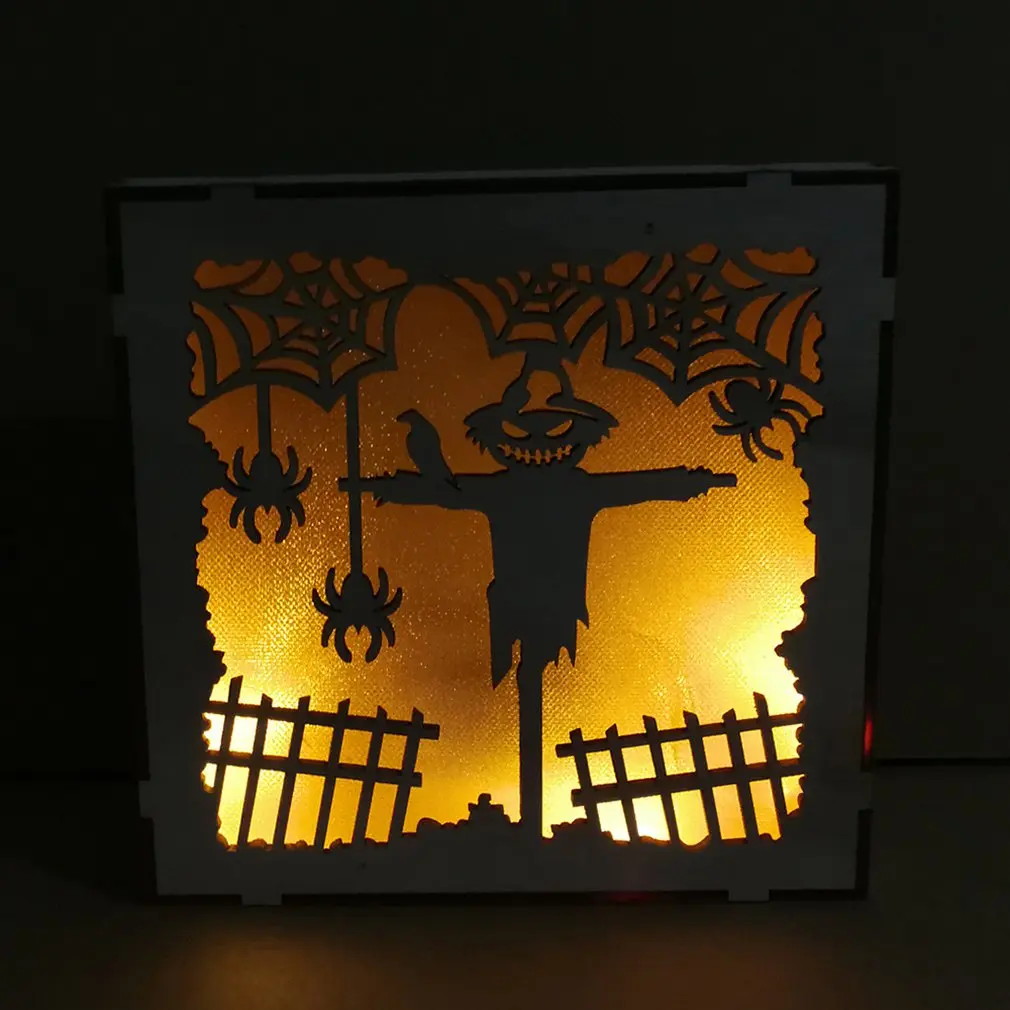 Wooden Halloween LED Light Pendant Square Laser Hollow Pumpkin Man Spider Net Three-dimensional Decoration Ornament | Лампы и