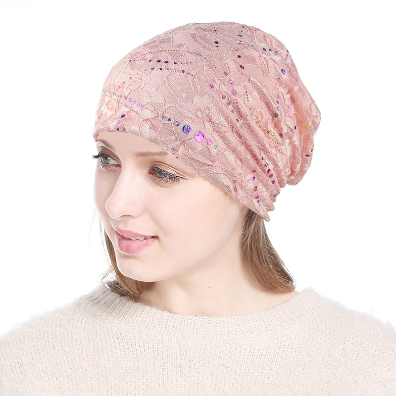 Women Winter Knitted Windproof Warm Cap Female Summer Thin Lace Rhinestone Sports Sunscreen Fold Black Sun Hat K32 2