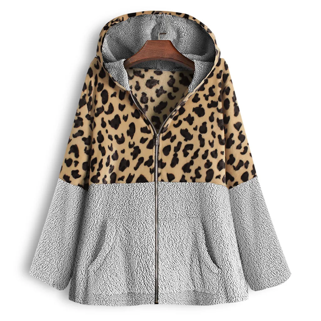 Female Jacket Plush Coat Women's Windbreaker Winter Warm Outwear Leopard Print Hooded Pockets Vintage Oversize Coats Plus Size