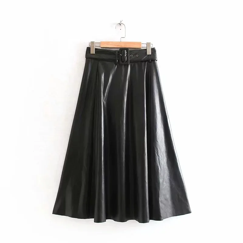 

2019 New Products INS Europe And America WOMEN'S Dress with Belt Faux Leather Skirt Skirt