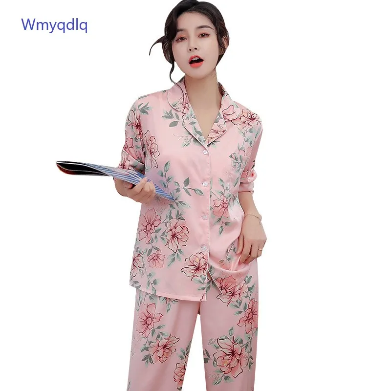 

Wmyqdlq Pajamas Women Xia Bingsi Thin Long-Sleeved Printing Sweet Silk Two-Piece Home Service