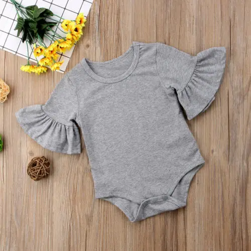 0-24M Newborn Baby Girl Flare Sleeve Solid Black White Grey Casual Romper Jumpsuit One-Piece Outfits Baby Cotton Clothes Suit