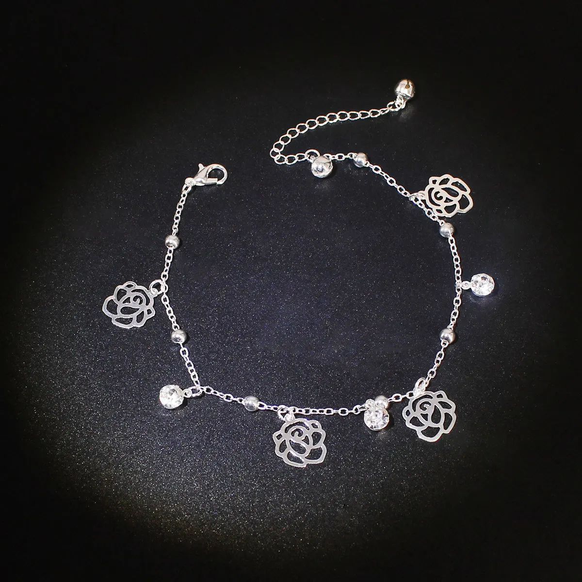 

Europe And America Clear Small Bell, Hollow out Rose, Bow, Rhinestone Tassels Anklet K093