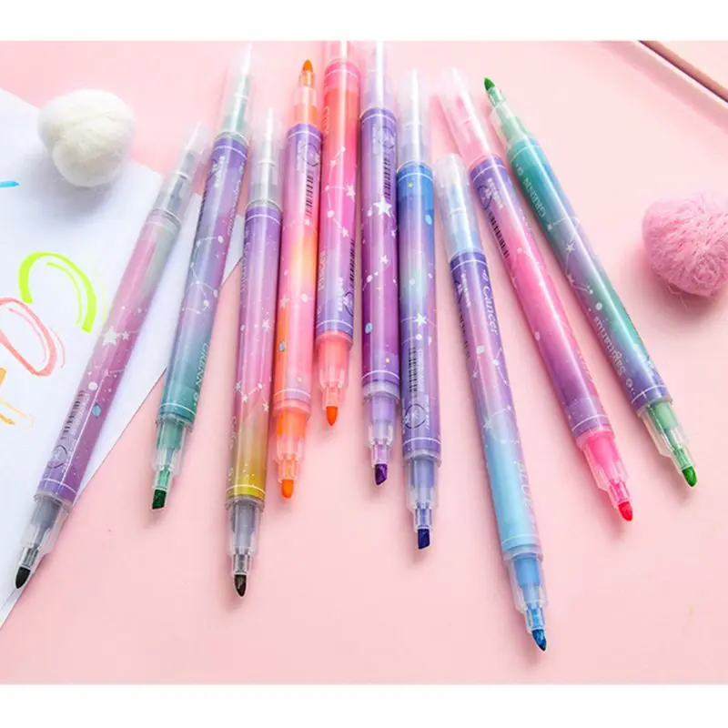 

12pcs Double Headed Highlighter Pens Stationery Kawaii Starry Fluorescent Maker U4LD