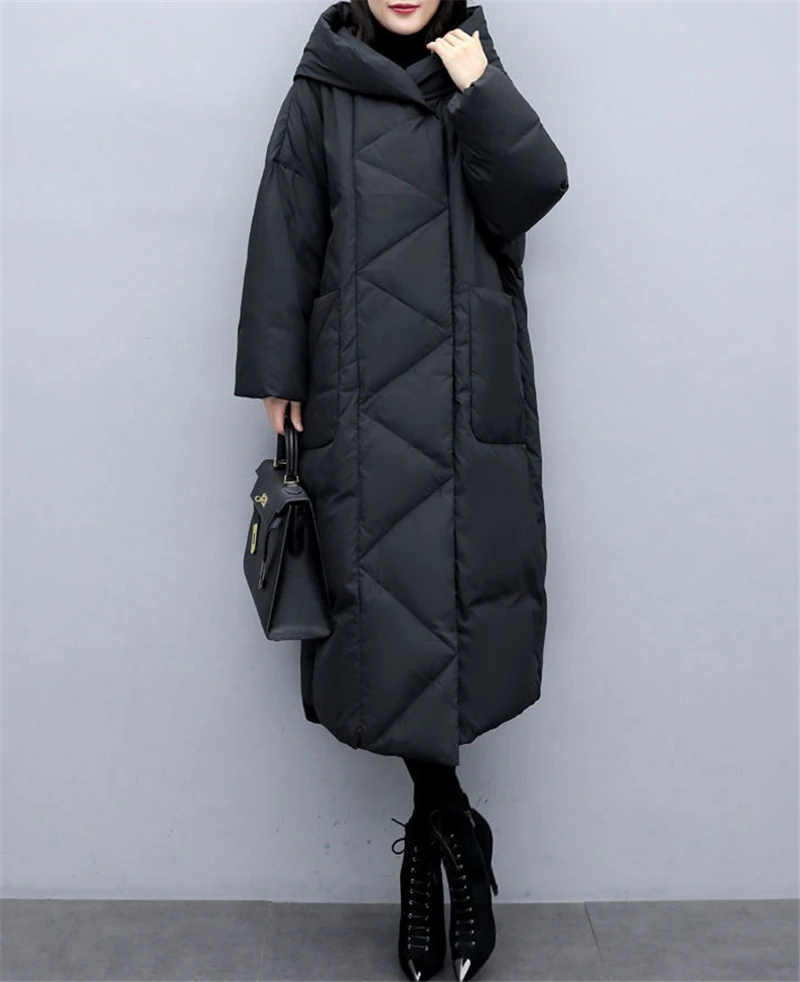 Large size Korean version loose mid-length section over the knee black women's padded jacket women thickening