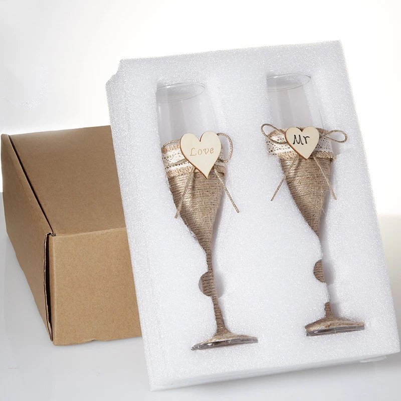 

IALJ Top 2Pcs Set Wedding Glass Personalized Wedding Glasses Wedding Champagne Toasting Flutes Burlap Lace Rustic Flutes
