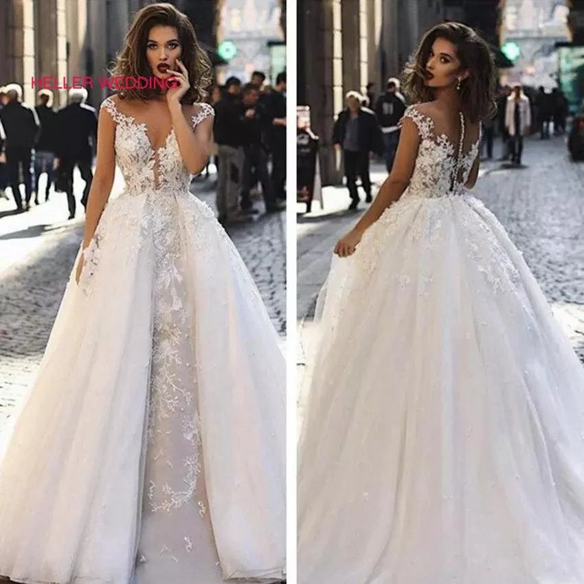 Богемное Свадебное Платье Иллюзия шеи удлиненное с аппликацией прозрачное