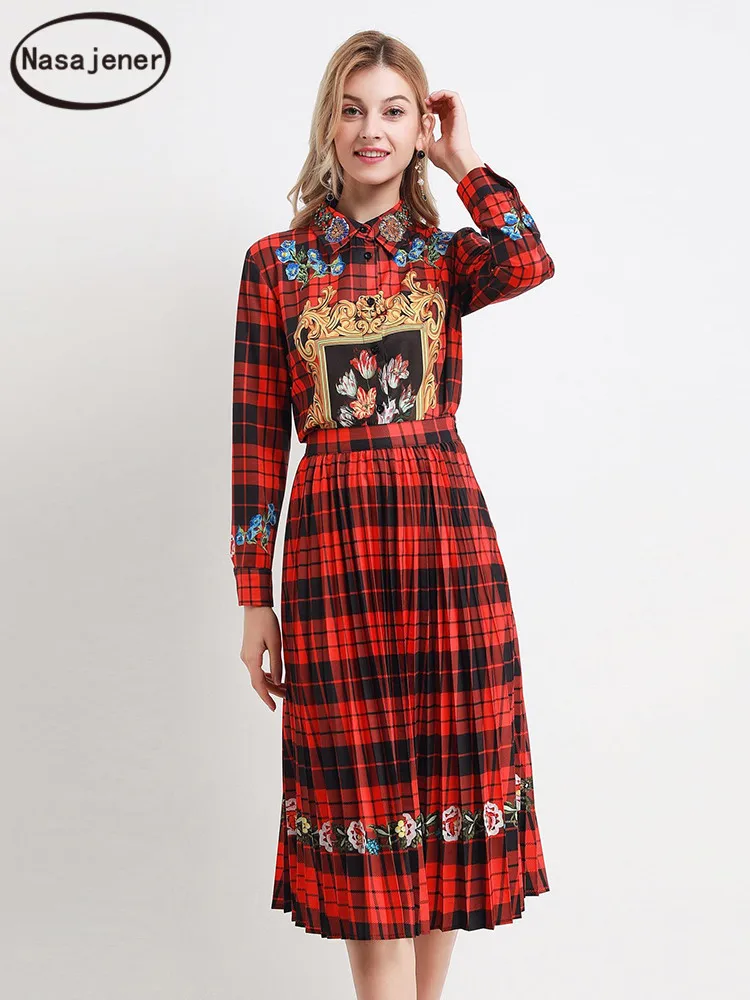 

Spring And Summer 2020 New Runway Party Leisure Heavy Industry Sequins Diamond Beads Retro Grid Printing Midi Dress Set