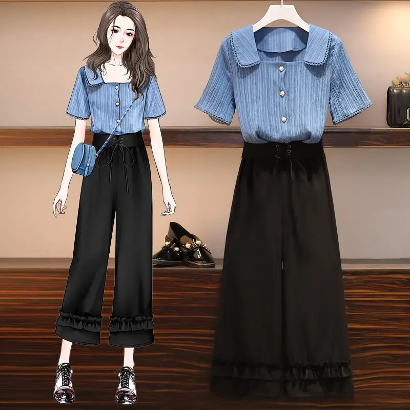 Women New 2020 Two Piece Set Summer Clothes For Ladies Elegant Square Collar Blouse Tops Casual Wide Leg Pants Female Suits L256 Women New 2020 Two Piece Set Summer Clothes For Ladies Elegant Square Collar Blouse Tops Casual Wide Leg Pants Female Suits L256