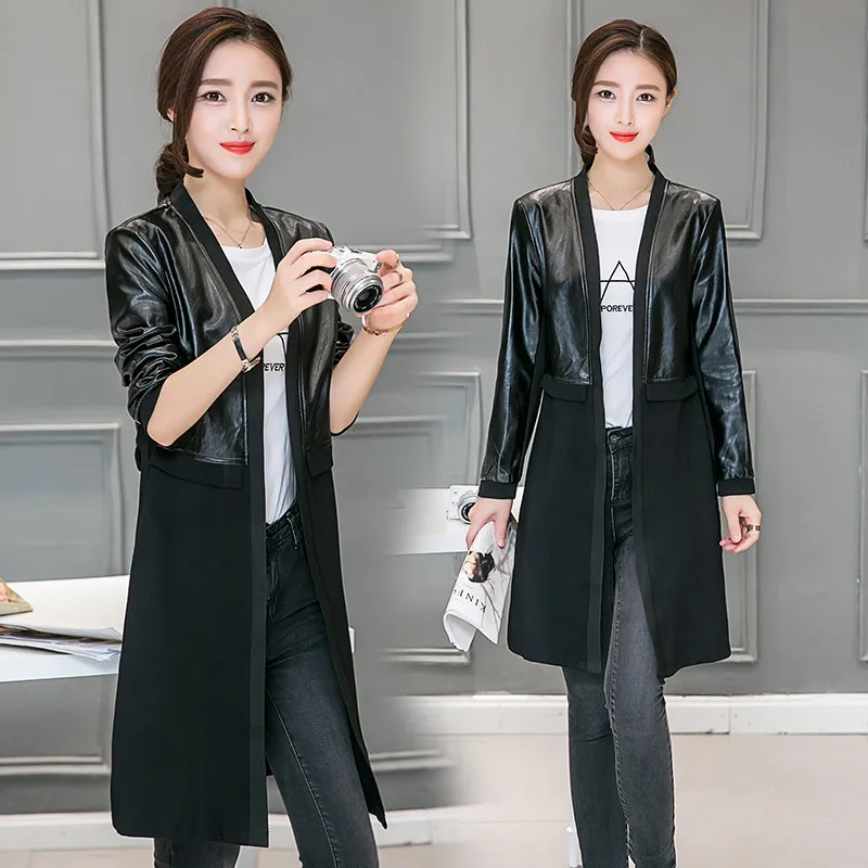 UHYTGF Spring leather jacket female fashion splice leather cardigan coat Long sleeve black Slim women's jacket Big size top 463
