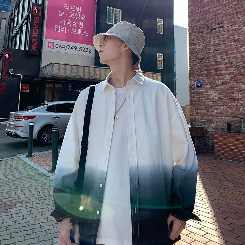 

2019 Men's Summer New Casual Simple Stitching Lapel Shirt Loose Temperament Trend Cotton Long Sleeve Camisa Masculina Streetwear