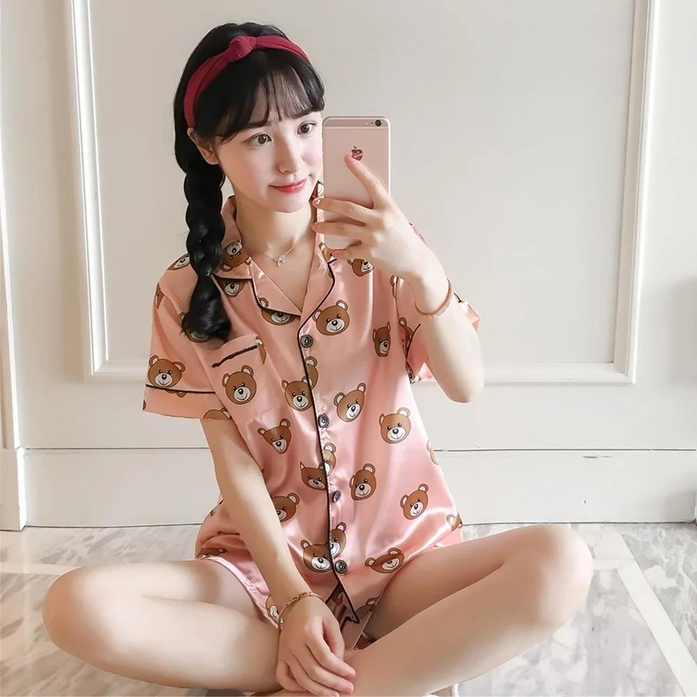 

Bear Real Silk Pajamas Women's Summer Two-Piece Set Cartoon Viscose Korean-style Silk Students Sweet Cute Short Sleeve Set