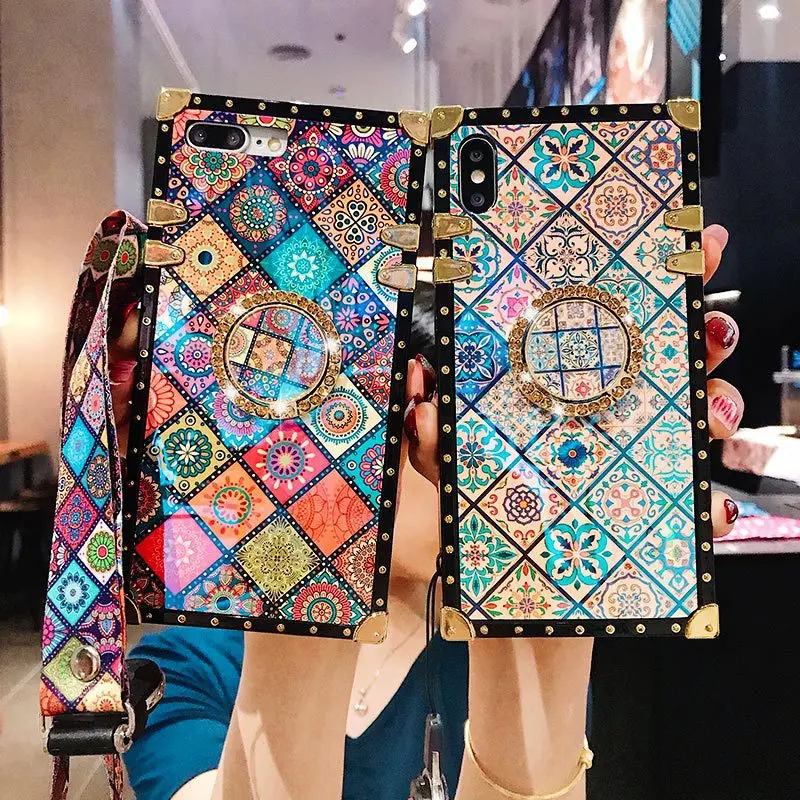 Luxury Square Blu-ray Bohemian Ethnic Frame Case for iPhone 6 7 8 Plus X XS XR 11 12Pro Max Soft Silicon Cover Samsung Capa | Мобильные