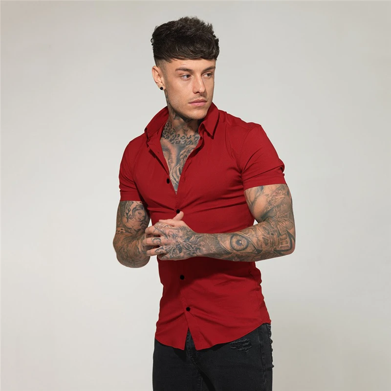 Summer Fashion Slim Fit Button Short Sleeve Shirts Men Casual Sportswear Dress Shirt Male Hipster Shirts Tops Fitness Clothing 3