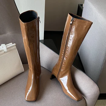 

INS Fashion 2020 Women Black Block High Heels Thigh High Boots Winter Knee High Boots Patent Leather Long Boots Designer Shoes