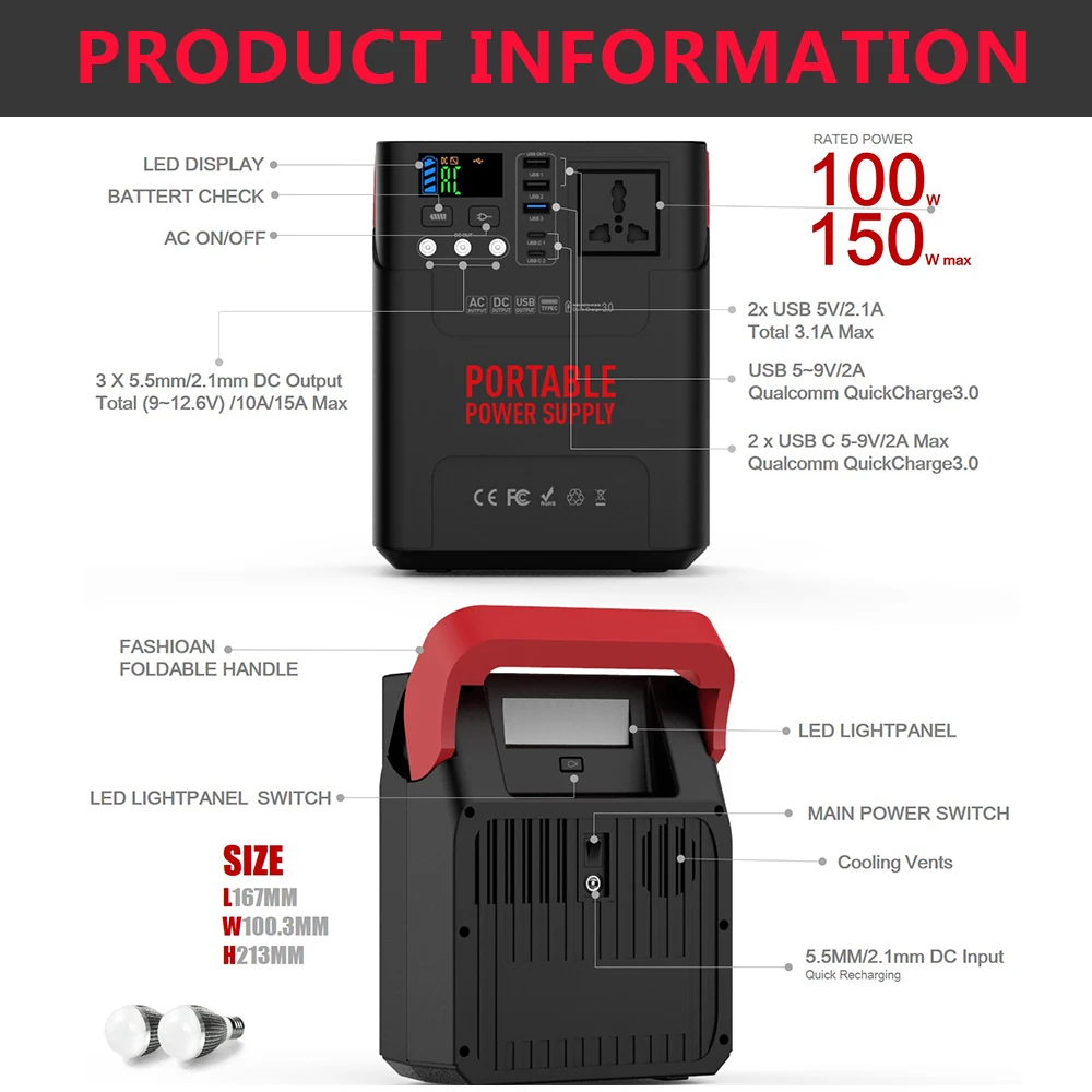 US $169.80 222Wh Portable Solar Generator Quick LiOn Charger Quiet Power Bank Power Station