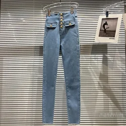 Inverno branco thicked jeans mulher 2021 novo duplo bolso fivela de cintura alta mais veludo apertado estiramento lápis calças denimwear