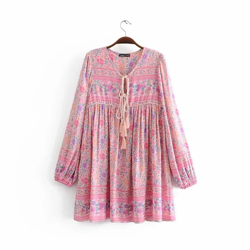

2018 Europe And America Autumn WOMEN'S Dress Cotton Positioning Printed Bohemian Short Dress 8272
