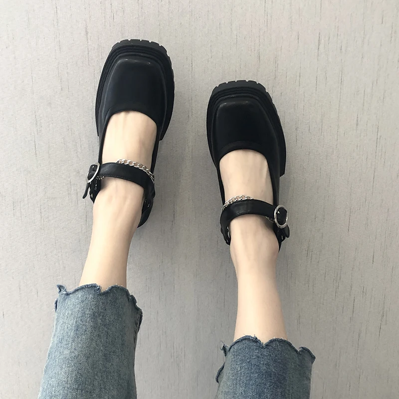 Женские Кожаные Туфли Мэри Джейн черные туфли на толстой подошве с закрытым