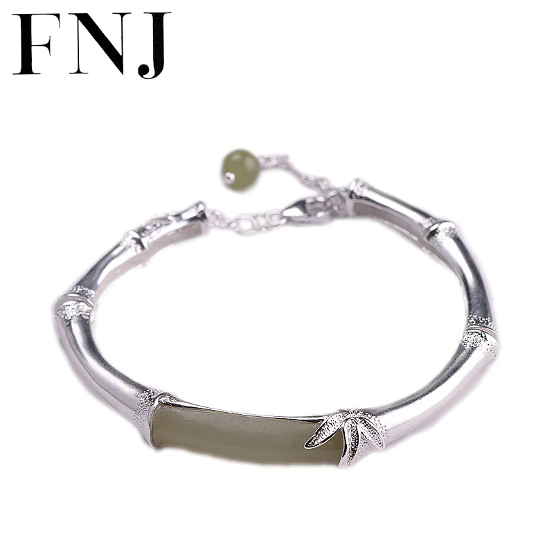 

FNJ 925 серебряные браслеты для женщин ювелирные изделия 100% оригинал S925 Стерлинговое серебро браслет бамбук натуральный нефрит