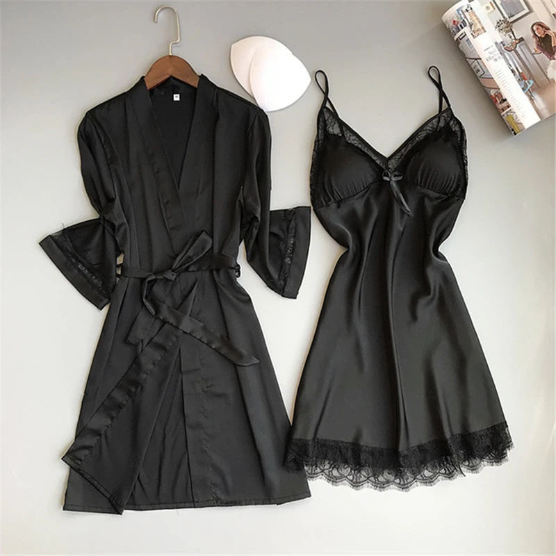 Ночное белье на подтяжках, халат, костюм из двух предметов, сексуальный соблазнительный Женский костюм с длинными рукавами, летняя одежда для сна, домашняя пижама, пеньюар - Цвет: black