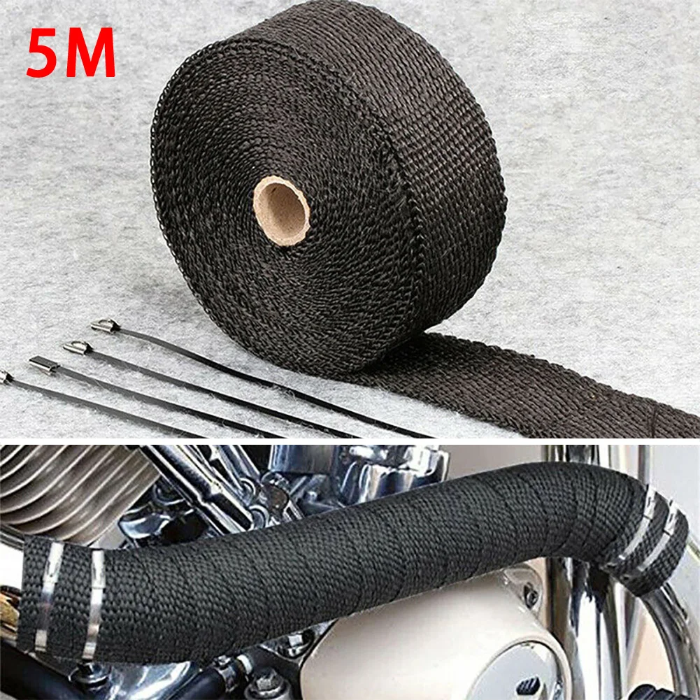 5M 10 Ties Kit,Car Titanium Exhaust Heat Ties Wrap Roll Black Tape for Motorcycle 5mmx 5cm Roll Fiberglass Exhaust Header Pipe Heat Wrap Tape Black 