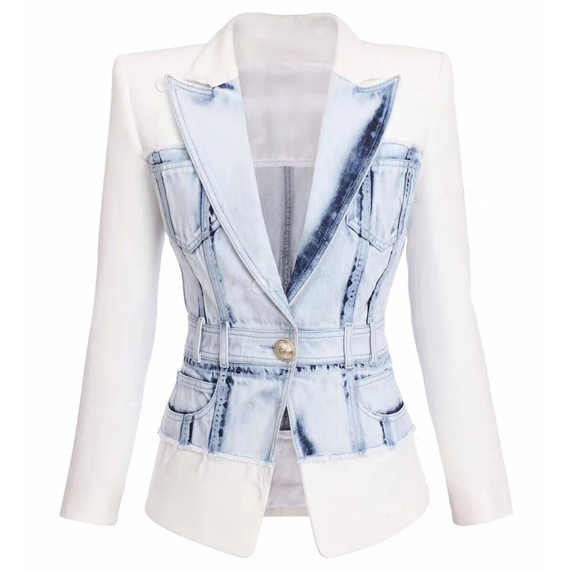 

HIGH QUALITY 2020 Newest Designer Blazer Women's Single Button Denim Patchwork Jacket Blazer