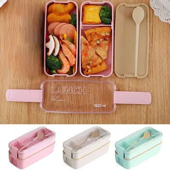 

Lunch Box Picnic Wheat Straw Fiber Compartment Meal Storage Lunch Container Food Preparation Box with Spoon Outdoor