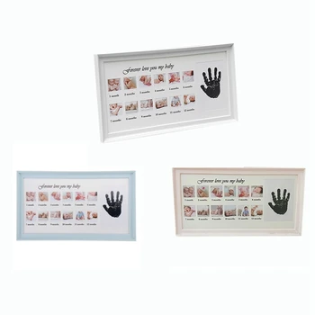 

New Cute Baby Photo Frame Diy Handprint 12 Months Photo Frame Baby Boy Girl One Year Anniversary Photo Frame Blue