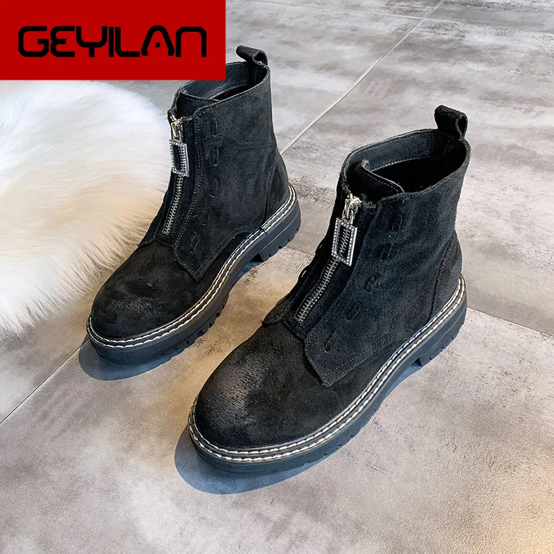 

Spring Women's Shoes Vintage British Style Pig Suede Round Toe Women Flats Casual Boots Female Zip Rivet Martin Boots