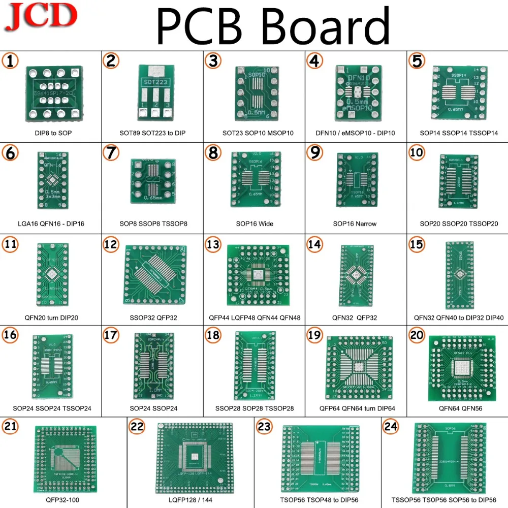 JCD комплект печатной платы SMD поворот к DIP SOP MSOP SSOP TSSOP SOT23 8 10 14 16 20 24 28 SMT к DIP SMD преобразователь адаптера