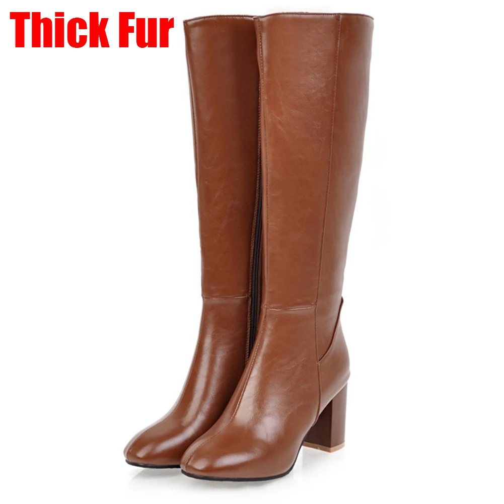 brown thick fur DORATASIA/Новые Брендовые женские ботинки до середины икры, большие размеры 32-45 женская обувь на высоком каблуке женские Повседневные Вечерние ботинки из органической кожи на осень и зиму - Цвет: brown thick fur