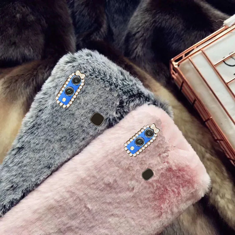 

Honor 8X Case fashion winter Keep warm lovely Rabbit fur Shiny diamond Silicone shockproof Back Cover For Honor 8X Phone Case