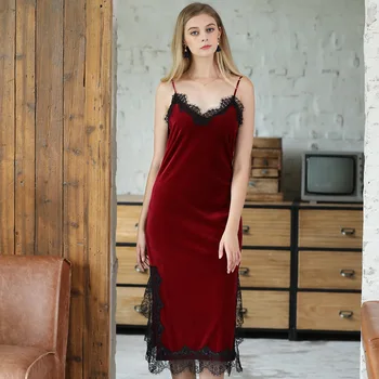 

Velvet sleep dress, Women's Long Lace Side Sling, Split Nightdress