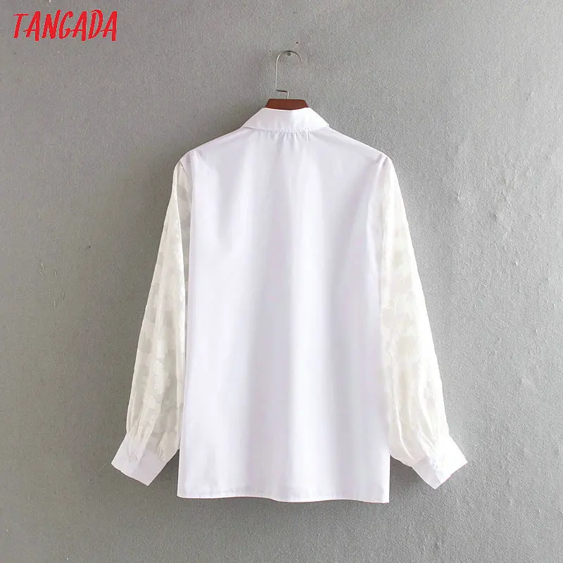 Tangada Женская шикарная белая блузка осень отложной воротник цветочный сетчатый длинный рукав рубашки женские элегантные топы CE456