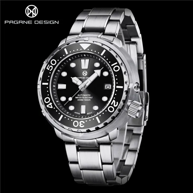 PAGRNE DESIGN Men's 45MM Large Dial Automatic Watch Diver 300M Waterproof Sports Clock Classic Luxury Mechanical Wristwatch Men 