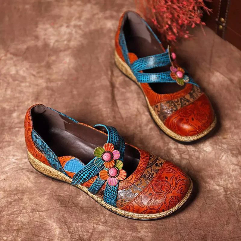 GAOKE Vintage Floral Genuine Leather Splicing Colored Stitching Hook Loop Flat Shoes Spring Summer Casual Women Flat Shoes New