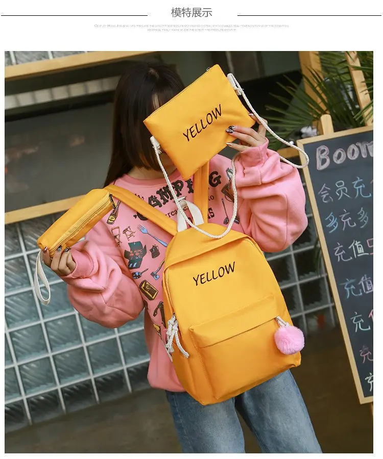 

School Bag Women's Students Korean-style Fashion Canvas Junior High School STUDENT'S High School Students Three-piece Set Backpa