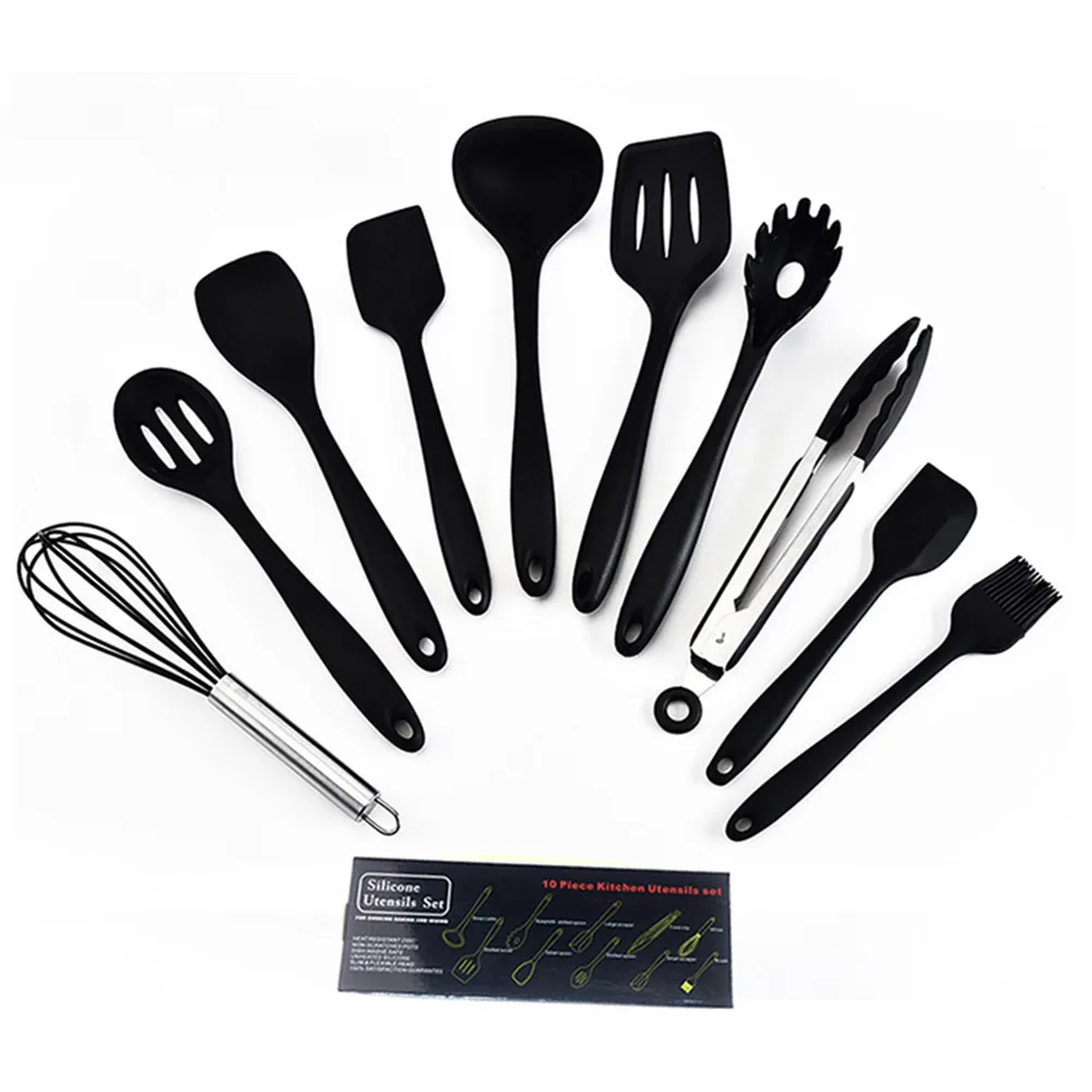 Набор кухонных инструментов из 10 предметов, термостойкая сковорода с антипригарным покрытием, набор посуды из черной нержавеющей стали